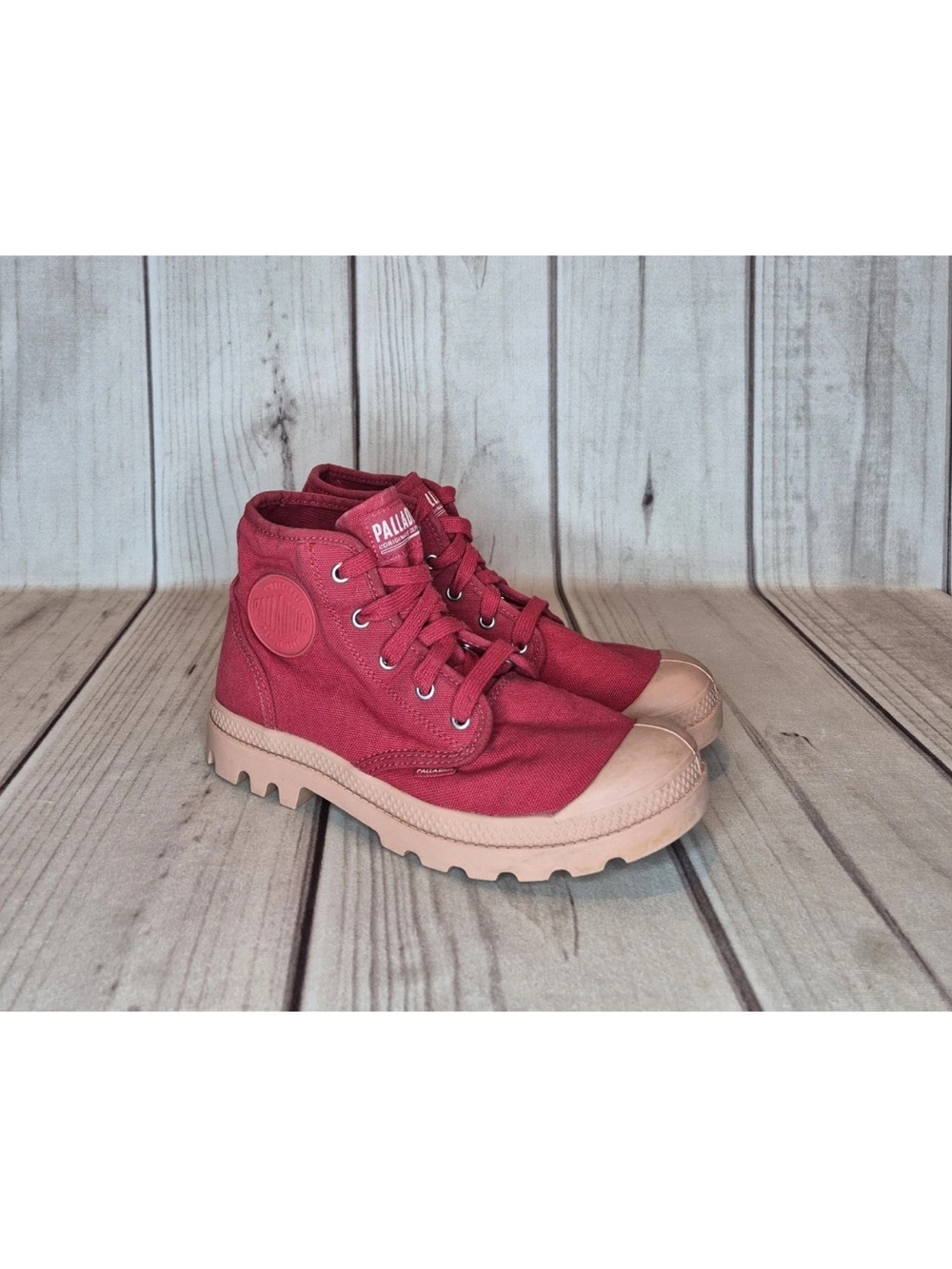 Palladium Women's Size 8.5 Hi-Top Boots Red Tan Canvas Rubber Lace-Up Vegan